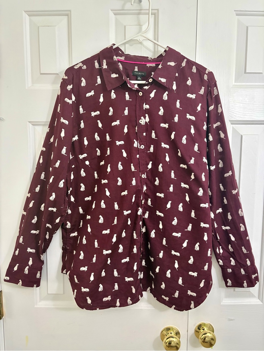 Talbots Maroon Cat Novelty Print Button Down Shirt Top Size XL
